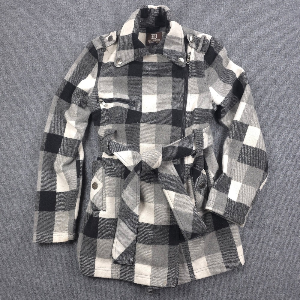 Dollhouse Outerwear Jacket Womens Medium Gray Plaid Wool Blend Belted Moto Coat
